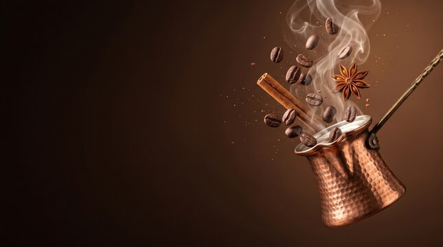 Antique hammered copper cezve with flying roasted coffee beans cinnamon stick star anise and hot steam, oriental coffee brewing concept, dark espresso brown background with copy space for banner
