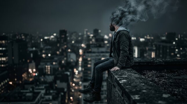 Bearded man sitting on rooftop edge over night city with smoke instead of head. Surreal concept of stress, mental burnout, overthinking and