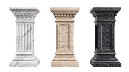 Obraz premium Three pedestal columns in marble, isolated on png transparent background