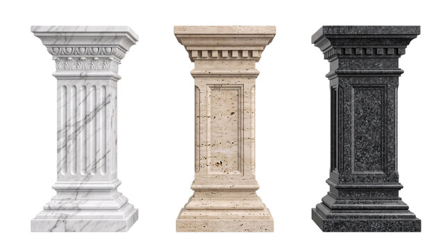 Three pedestal columns in marble, isolated on png transparent background
