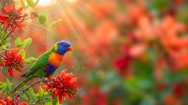 Vibrant rainbow lorikeet bird perched on stunning red coral tree flowers surrounded by floating pollen in magical golden morning sunlight