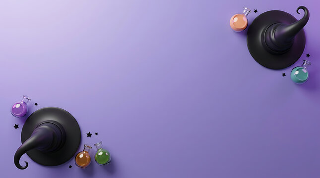 Two black witch hats and colorful magic potion bottles on a purple background for Halloween celebration