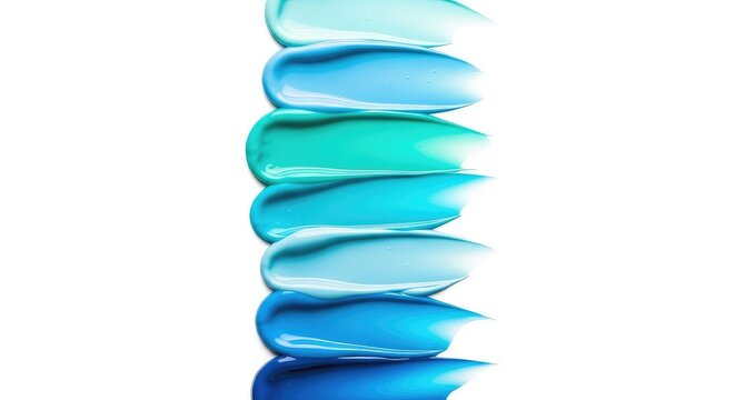 Vertical array of vibrant turquoise and blue cosmetic cream swatches on a white background, showcasing smooth textures under studio light, thick, vertical, skincare