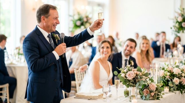 Father of the bride raises champagne glass during wedding toast in elegant banquet hall