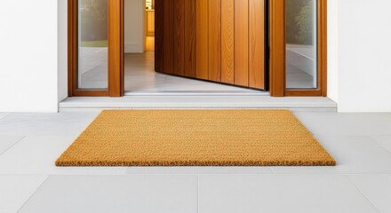 Naklejka premium A blank rectangular coir door mat sits on a clean stone porch in front of a modern wooden entrance door, perfect for custom design mockups, natural, peaceful, building