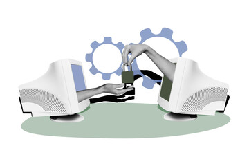 Composite photo collage of hands peek pc monitor gearwheel lock transfer coded information settings hack isolated on painted background © deagreez