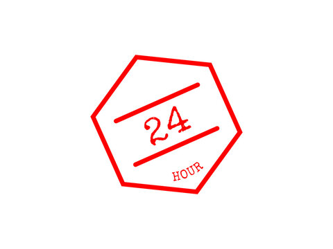 Red stamp seal icon with number 24 and hour text for business and service signs isolated on transparent background