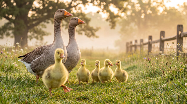 Adorable family of fluffy yellow baby goslings walking behind two protective adult geese in a dewy green meadow at sunrise