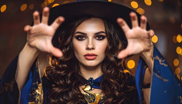 Mujer con sombrero de bruja y maquillaje dram&aacute;tico extendiendo las manos hacia la c&aacute;mara sobre fondo oscuro con luces c&aacute;lidas desenfocadas