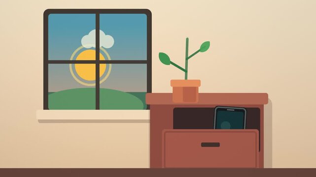 Digital detox animation showing a smartphone powering down as a houseplant grows and the sun