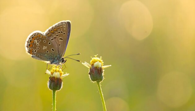 Mariposa posada sobre una peque&ntilde;a flor silvestre con fondo natural verde y amarillo desenfocado