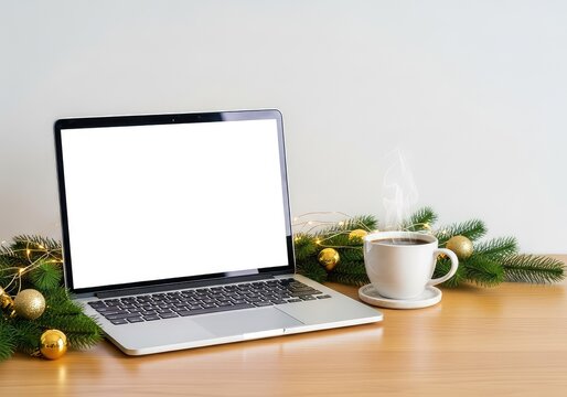 A minimalist desk holds a slim laptop and hot coffee, adorned with evergreen sprigs, gold baubles, and sparkling string lights for winter, mug, coffee, furniture