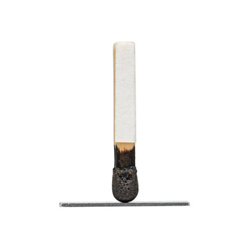 Single burnt wooden matchstick standing upright on a thin grey horizontal metal strip isolated on a transparent background