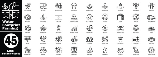 Water footprint farming line icon series: black outline design symbols for efficient agricultural resource management.  Vector illustration. © Hafiz