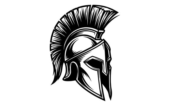 Black and white Spartan warrior helmet vector illustration designed for mascots and logos.