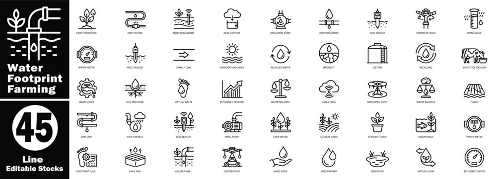 Water footprint farming line icon series: black outline design symbols for efficient agricultural resource management.  Vector illustration.