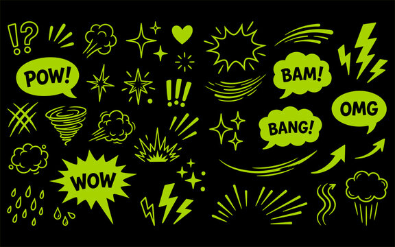 Set of bright neon green comic book speech bubbles and sound effects for manga and fun graphic design.