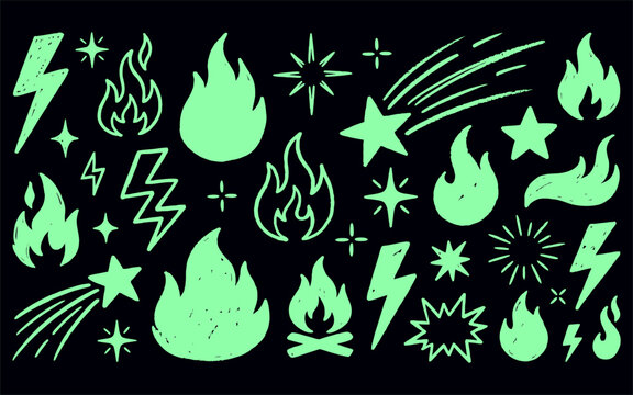 Neon green hand drawn fire flame lightning and star graphic elements for comic style design projects.