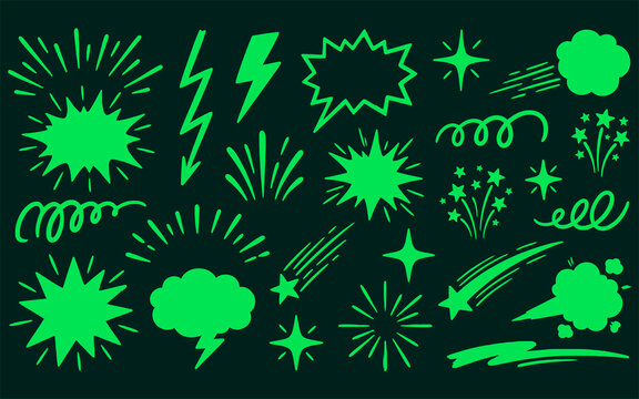 Set of green doodle explosion and star shapes for comic book accents and fun graphic design elements.