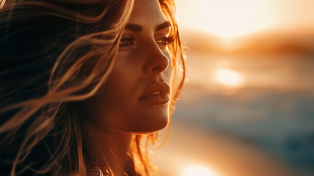 Close-up of a woman's face at sunset with golden light and flowing hair