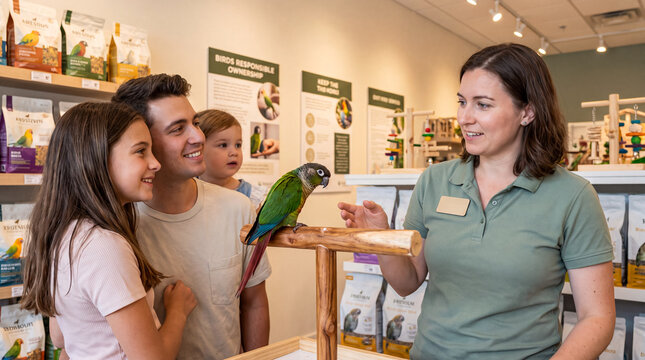 Friendly female pet store employee showing a beautiful green cheek conure parrot to a happy family with two young children in a bright shop