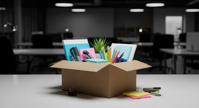 An empty office desk features a single cardboard box containing office supplies against a blurred background of a dark, abandoned workspace, loss, severance, indoor