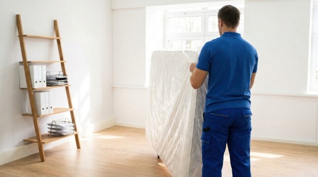 Professional mover carrying a wrapped mattress in a bright empty apartment room