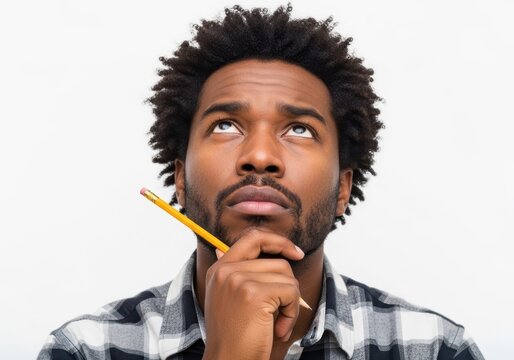 Thoughtful man with chin resting on finger looking up