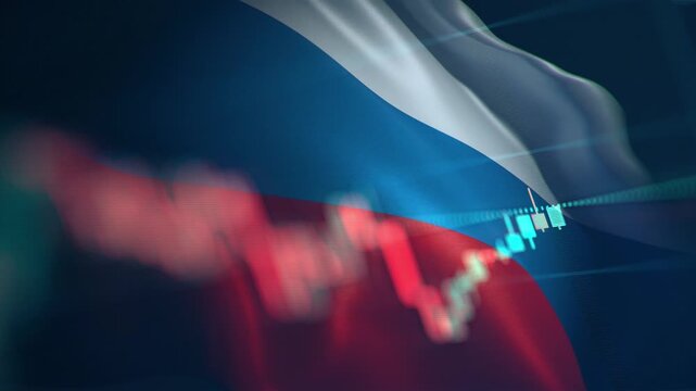 A dynamic timelapse video featuring fast moving stock market candlestick bars blended with a waving Russian flag, representing Russian economy, Moex financial markets, and Eurasia trading dynamics.