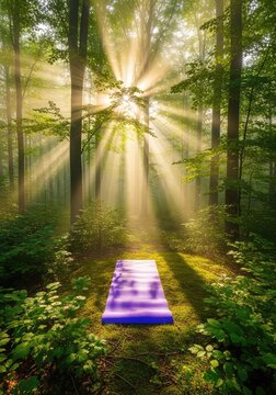 Golden morning sunlight filters through tall trees onto a purple meditation mat placed in a misty green forest clearing at early dawn, peaceful, sunrise, meditation