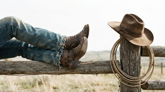 Relaxed cowboy boots and jeans resting on a rustic wooden fence with a hat and lasso nearby on a bright day with person legs denim agriculture relaxation recreation tradition southwest lifestyle