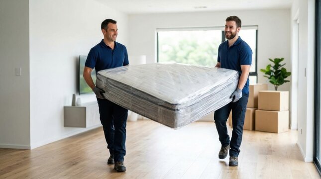Professional movers carrying a mattress into a new home for relocation and delivery service.