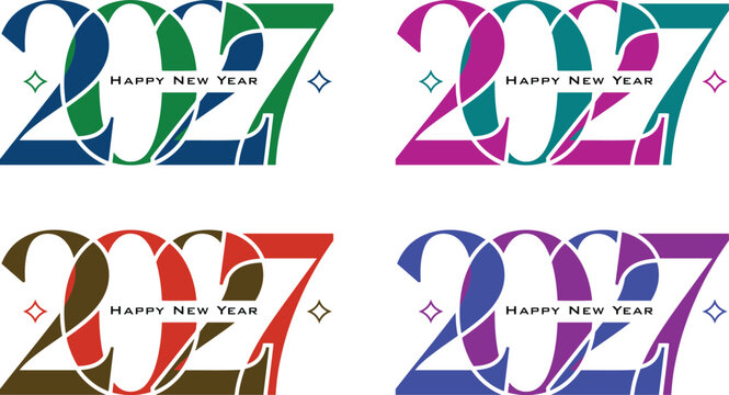 Set of four artistic 2027 happy new year typography designs with overlapping numbers and decorative stars