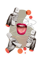 Vertical poster collage woman face fragment caricature telephone communication speech operator...