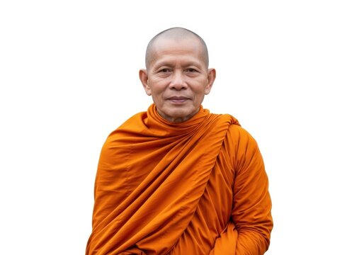 Smiling monk in traditional saffron robe standing calmly