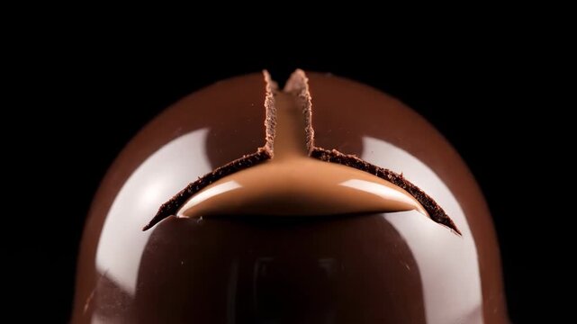 Chocolate egg cracking open revealing creamy filling on black