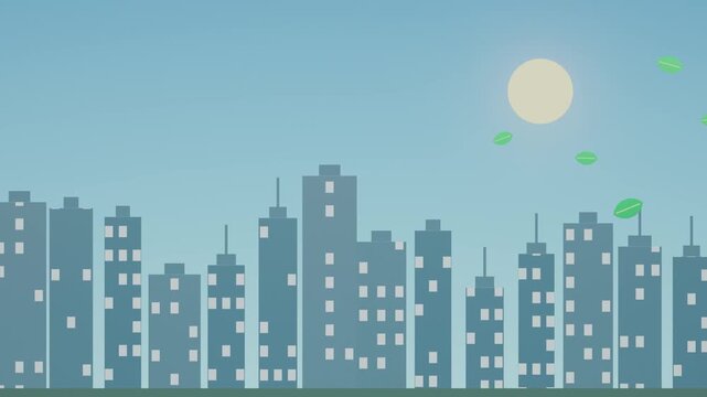 Animation of leaves flying over a grey city, transforming to blue sky and ending in