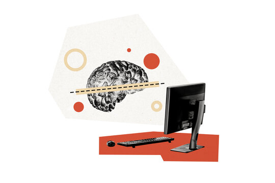 Composite photo collage of wise brain cortex artificial intelligence use pc device keyboard mouse monitor isolated on painted background