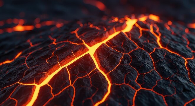A dark, textured surface of jagged rocks reveals radiant orange fissures glowing like molten lava beneath the crust. Abstract background, earth, texture, fissure