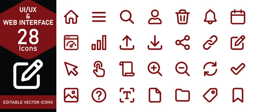 A comprehensive collection of twenty eight essential web interface icons for modern digital design and user experience development projects