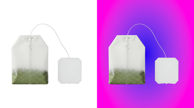 Single white paper tea bag with green herbal tea leaves visible inside and a square paper tag attached by a thin white string on white background