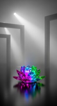 A serene and minimalist backdrop featuring soft gray ethereal light beams creating three-dimensional volumetric shapes in a foggy space, tranquil, design, structure