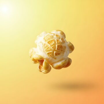 A single piece of golden, fluffy popcorn floats effortlessly in the air, emphasizing a light texture and crispness ideal for relaxing, gourmet, savory, treat