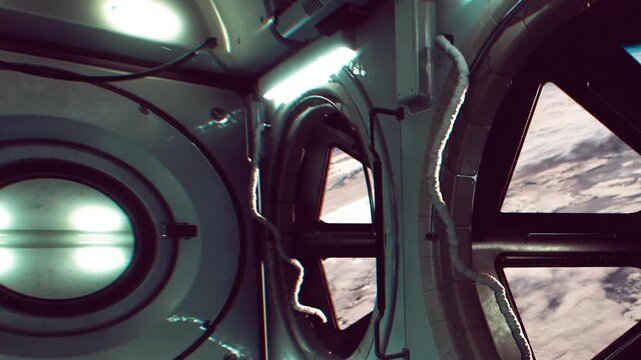 Inside a spacecraft, wires and lights are seen. A large window shows the planet beneath. The environment is technical and futuristic, suggesting space travel and exploration.