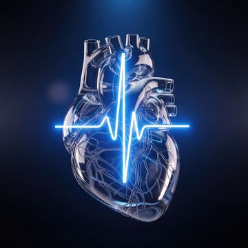 A transparent glass heart anatomical model glows with a vibrant neon pulse line glowing through the center in a dark, moody background, cardiology, heartbeat, monitor