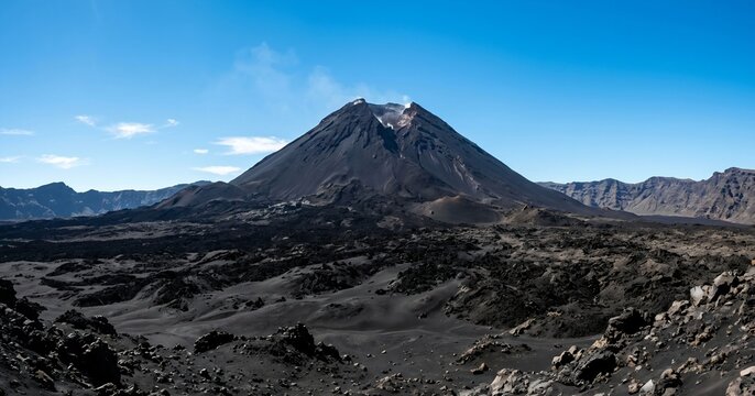 Stark Volcanic Landscape with Pico do Fogo Emitting Steam