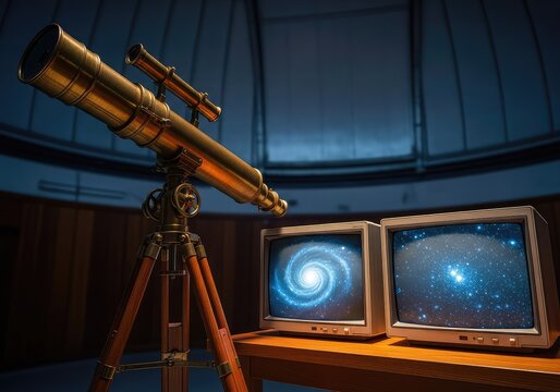 An antique telescope stands beside early analog monitors displaying grainy images of distant galaxies and stars in a vintage observatory, galaxy, glowing, observation