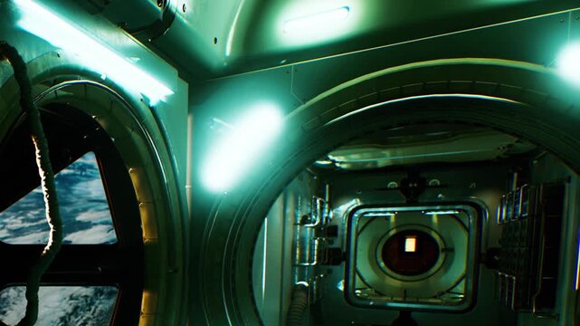 A window from inside a spacecraft with a view of the Earth below. The space has soft lights and metallic walls. There are tools and equipment present on the walls.