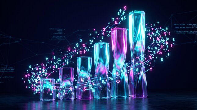 Abstract 3D Financial Growth Bar Chart with Glowing Neon Data and Dollar Symbols