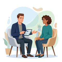 Obraz premium Business meeting illustration: diverse colleagues discussing charts on a tablet during a consultation in a modern office setting with plants and abstract shapes.